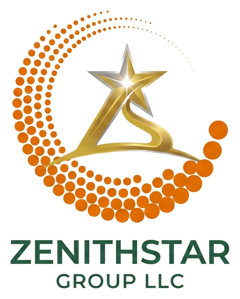 Zenithstar Group LLC logo: a gold star rising inside an orange arc of dots